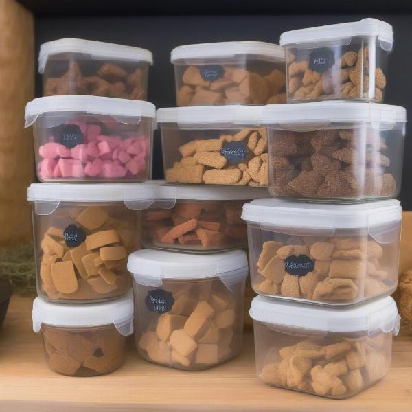 Storing homemade dog treats in airtight containers.