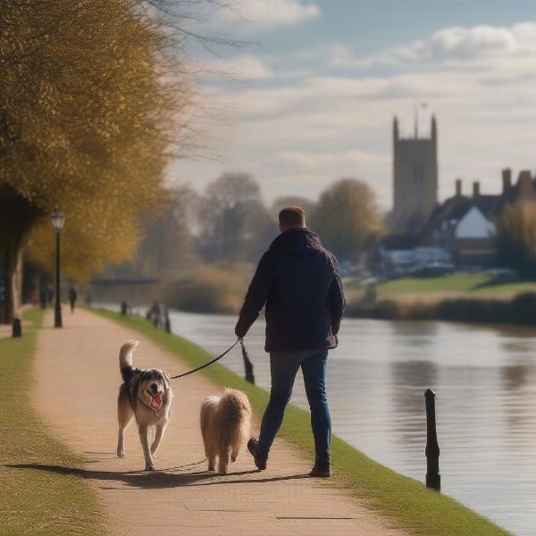 Dog walking along the River Avon in Stratford upon Avon