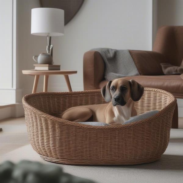 A stylish wicker dog basket placed in a modern living room.