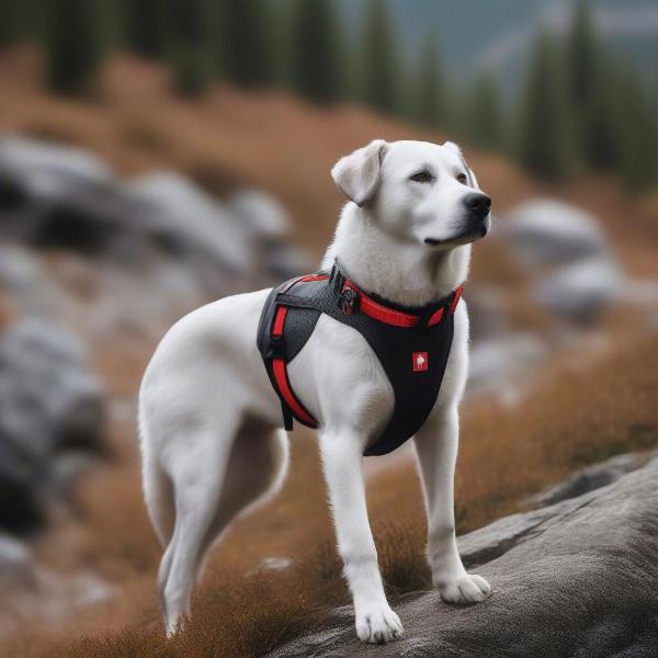 A dog wearing a Swiss nylon dog collar during a hike