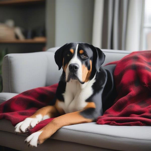 Swissy rescue dog cuddling on a sofa in its new home