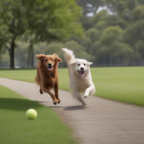 Dogs playing fetch at Tambourine Bay Park