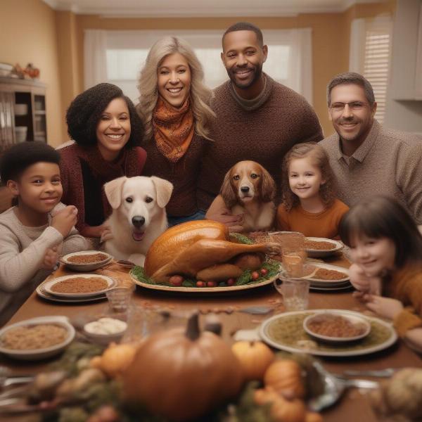 Thanksgiving Dog Clothes: Family photo with a dog in a Thanksgiving outfit.