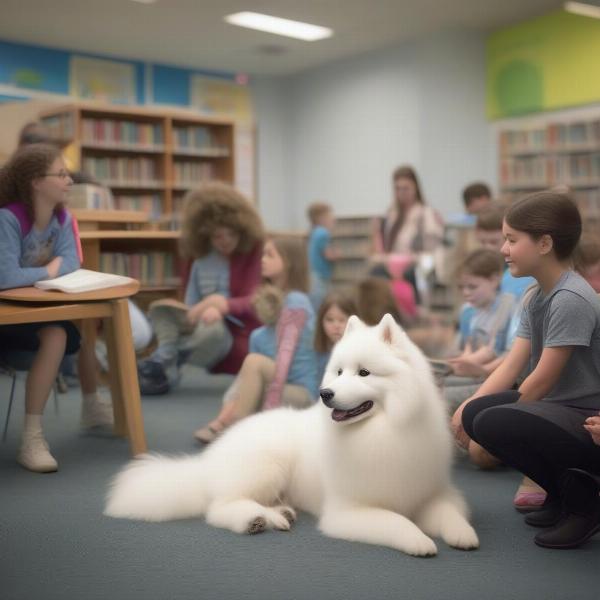 Therapy dog interacting with children in a school