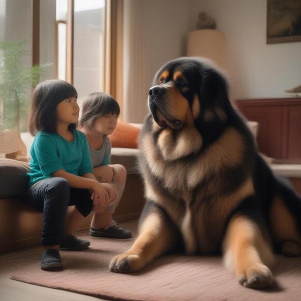 A Tibetan Mastiff interacting with children in a family setting.