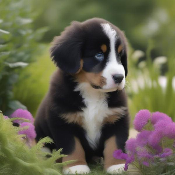 Adorable Bernese Mountain Dog puppy exploring a garden