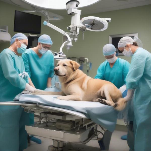 Dog undergoing total hip replacement surgery