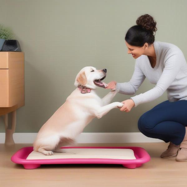 Dog owner training their dog to use a training bed