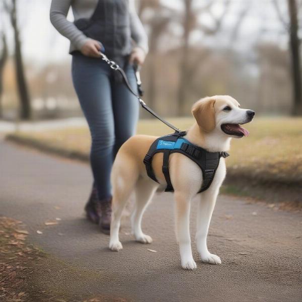 Training a dog with an extendable lead in a park.