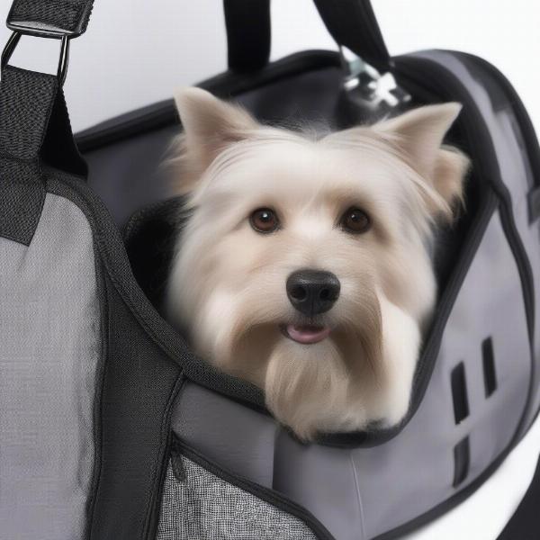 Designer dog carrier bag with durable fabric and ventilation features.