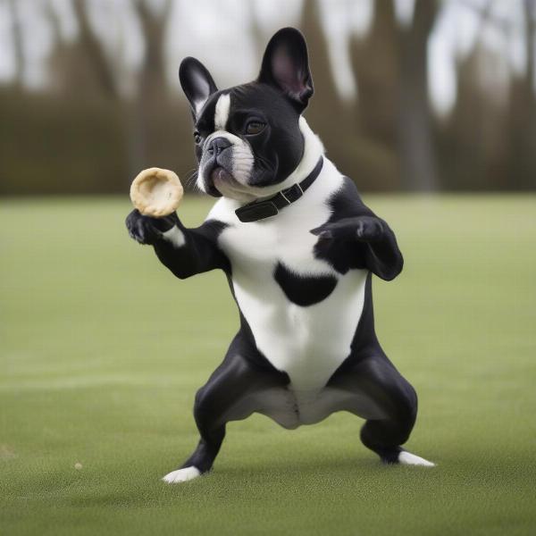 A tuxedo French bulldog learning a new trick with its owner.