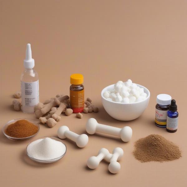 Different types of glucosamine supplements available for dogs: chews, tablets, powders, and liquids.