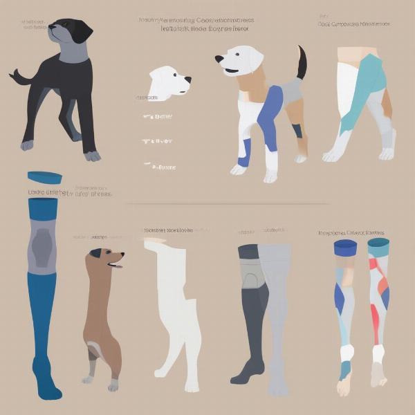 Different types of dog compression sleeves for legs, elbows, and hocks