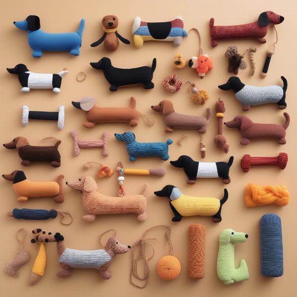 A variety of sausage dog toys, showcasing different materials and styles.