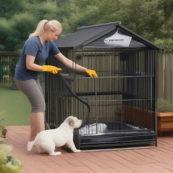 Cleaning a Dog Cage with a Roof