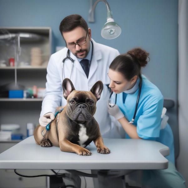 Veterinarian examining a bully breed dog