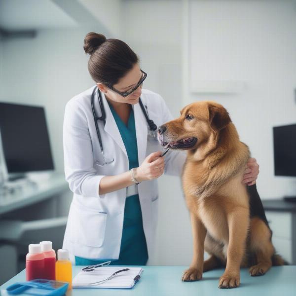 A veterinarian examining a dog