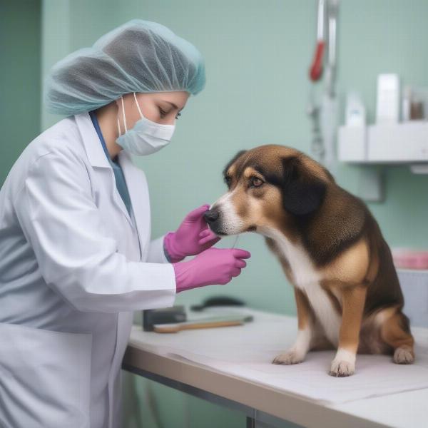 Veterinarian examining a dog for fleas