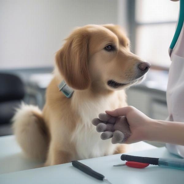 Veterinarian examining a dog's paw