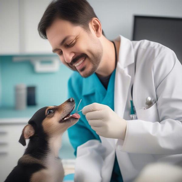 Vet examining small dog's teeth