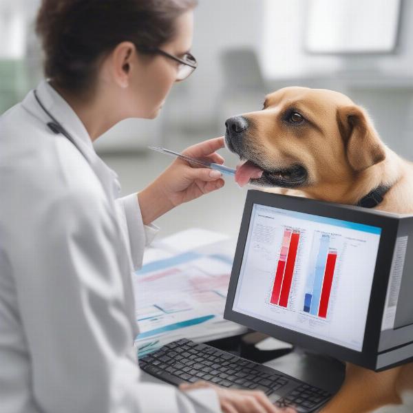 Veterinarian explaining blood work results to dog owner