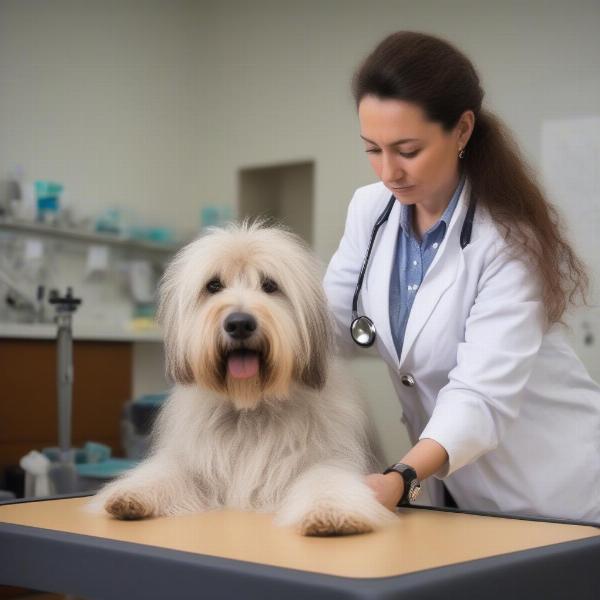 A veterinarian performing a check-up on a shaggy dog