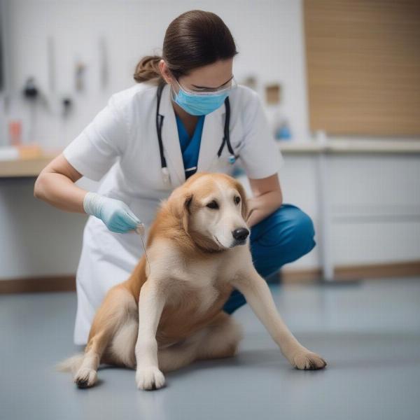 Veterinarian examining a bandaged dog leg