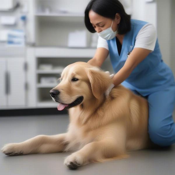 A veterinarian examining a diabetic dog during a check-up