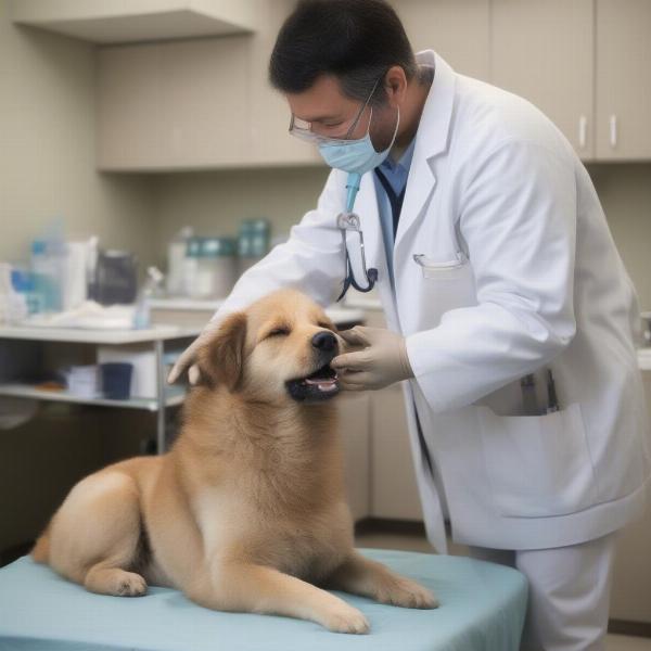 Veterinarian examining a dog's abdomen