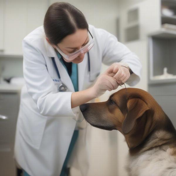 Veterinarian examining a dog for fleas and ticks