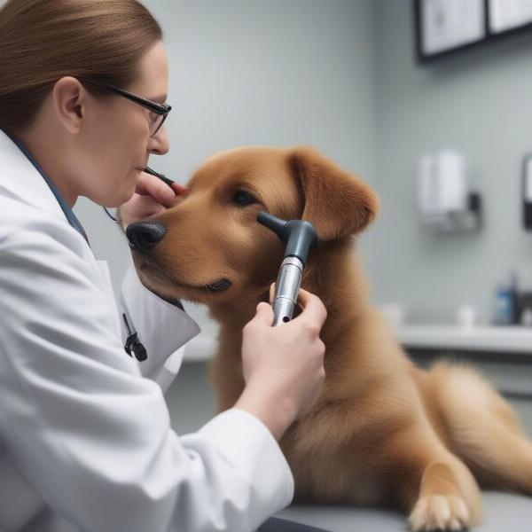 Veterinarian examining dog's ear