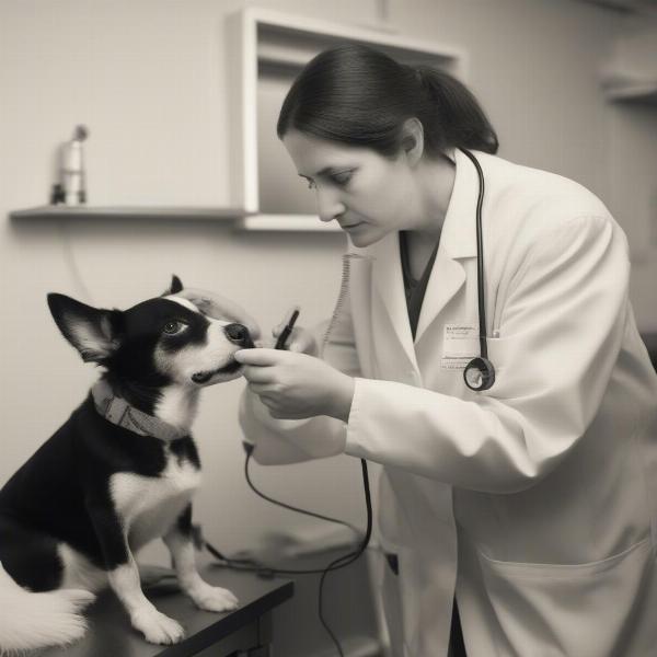 Veterinarian examining a dog's eye with specialized equipment