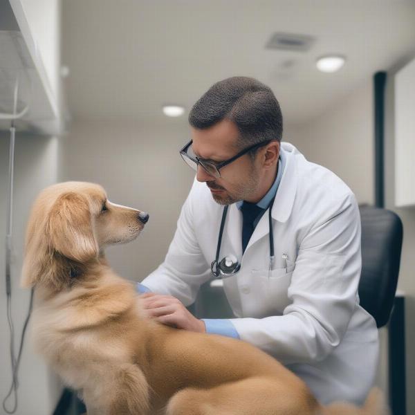 Veterinarian examining dog for allergies