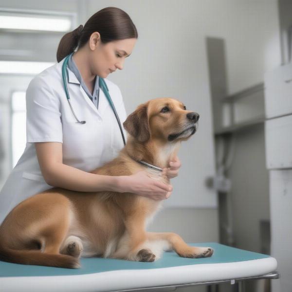 A veterinarian examining a dog's leg for soft tissue injury