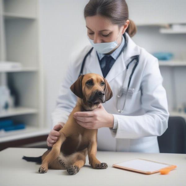 Veterinarian examining a dog's paw