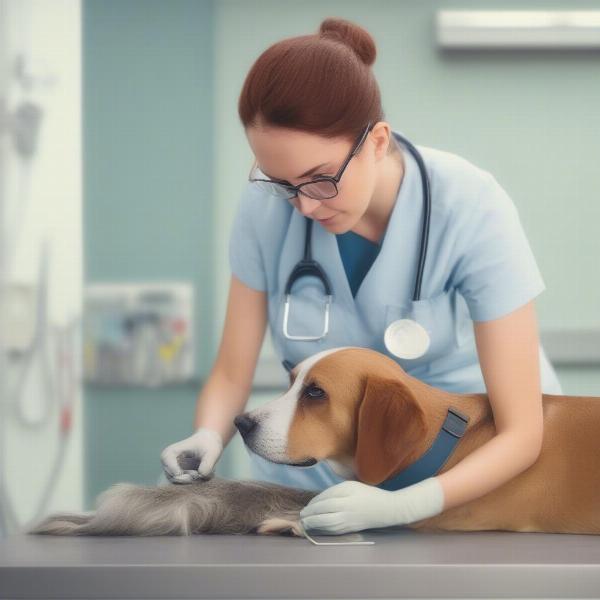 Veterinarian examining a dog's paw