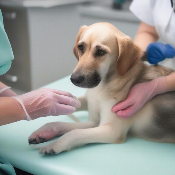 Veterinarian examining a dog with a skin infection