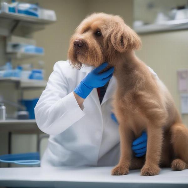 Veterinarian examining dog's tail