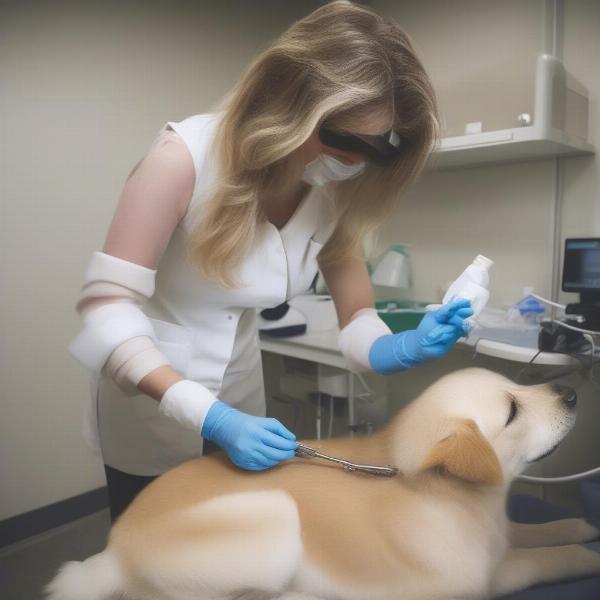 Veterinarian examining dog's teeth