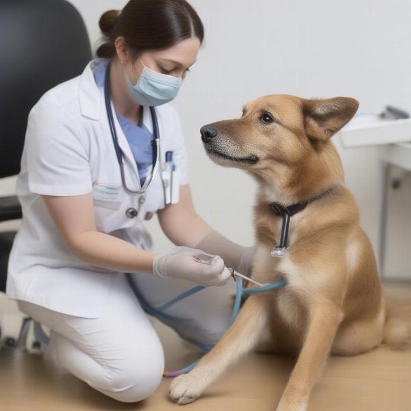 Veterinarian checking a pregnant dog for worms