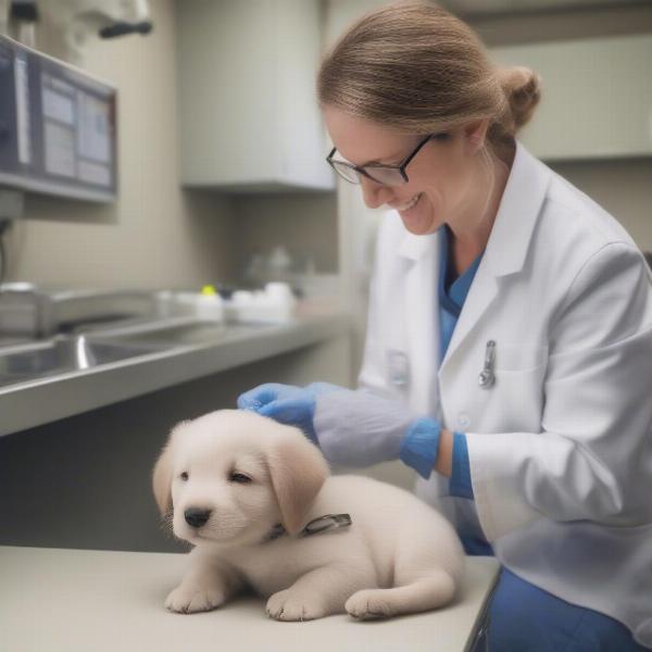 Veterinarian examining a puppy