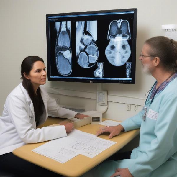 Veterinarian explaining CT scan results to pet owner