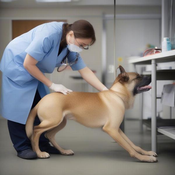 Veterinary Examination of a Dog's Leg: A vet palpates a dog's leg to assess for pain, swelling, and range of motion.