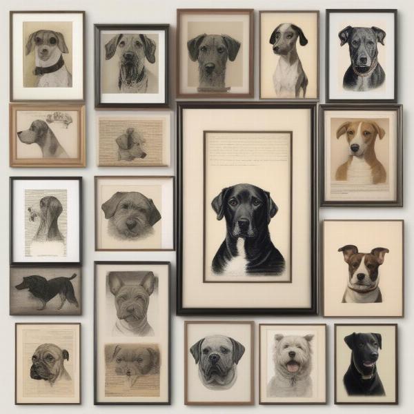 Collection of vintage dog prints showcasing different breeds and artistic styles