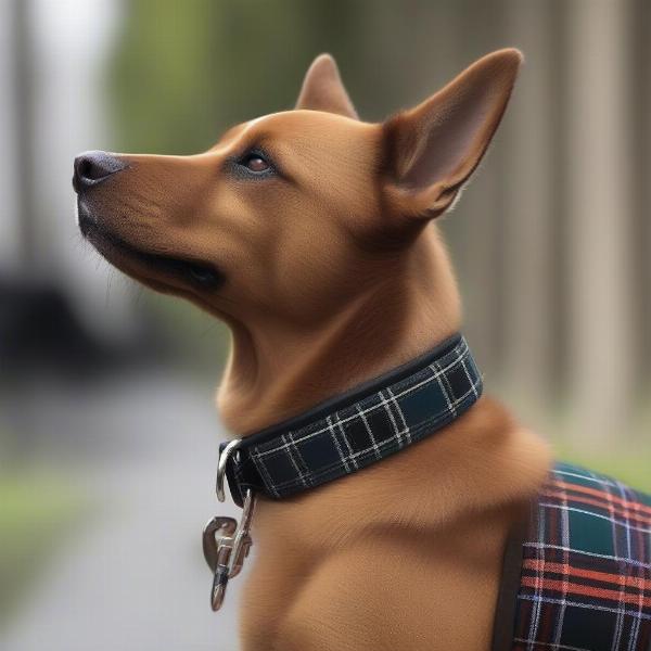 A dog wearing a stylish and secure tartan collar and leash set.