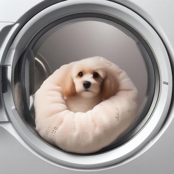 Washing the removable cover of a donut dog bed in a washing machine.