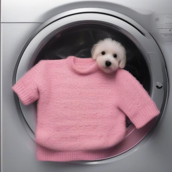 Washing a pink dog sweater in a washing machine