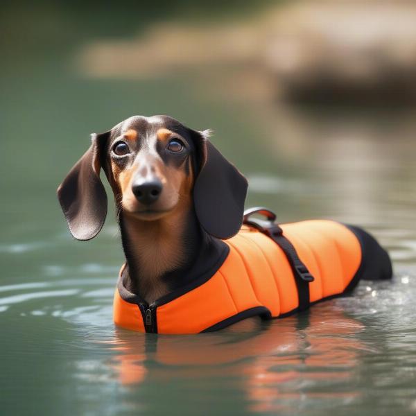 Dachshund wearing a bright orange life vest while swimming in a lake