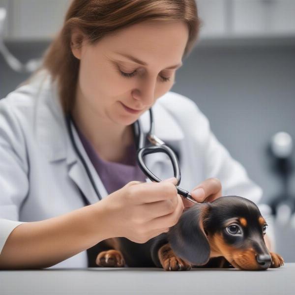 Weiner dog puppy getting a vet checkup in Missouri