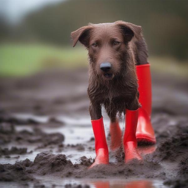 Dog wearing wellies in the mud